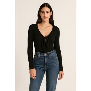 Abercrombie & Fitch Women's Cozy Tie Front Bodysuit Long Sleeve Black Size M